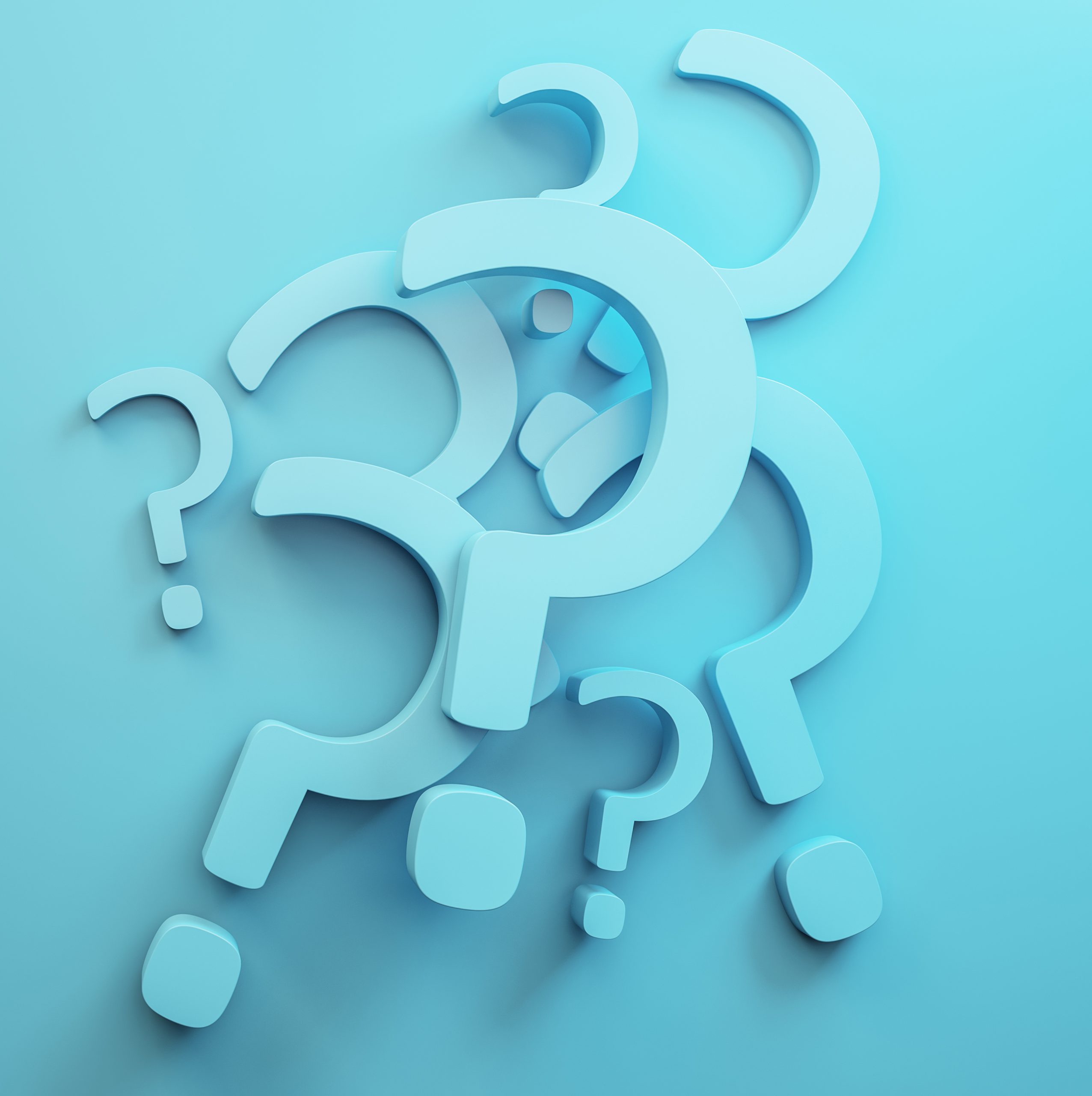 Creative abstract question marks on blue backdrop with mock up place. Ask, solution and FAQ concept. 3D Rendering.