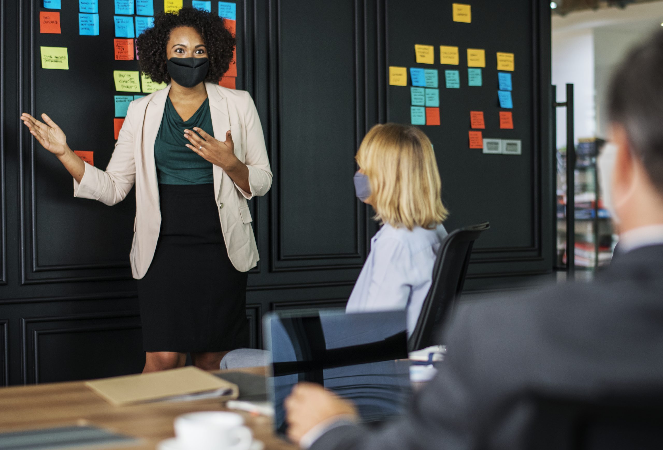 businesswoman wearing mask coronavirus meeting new normal