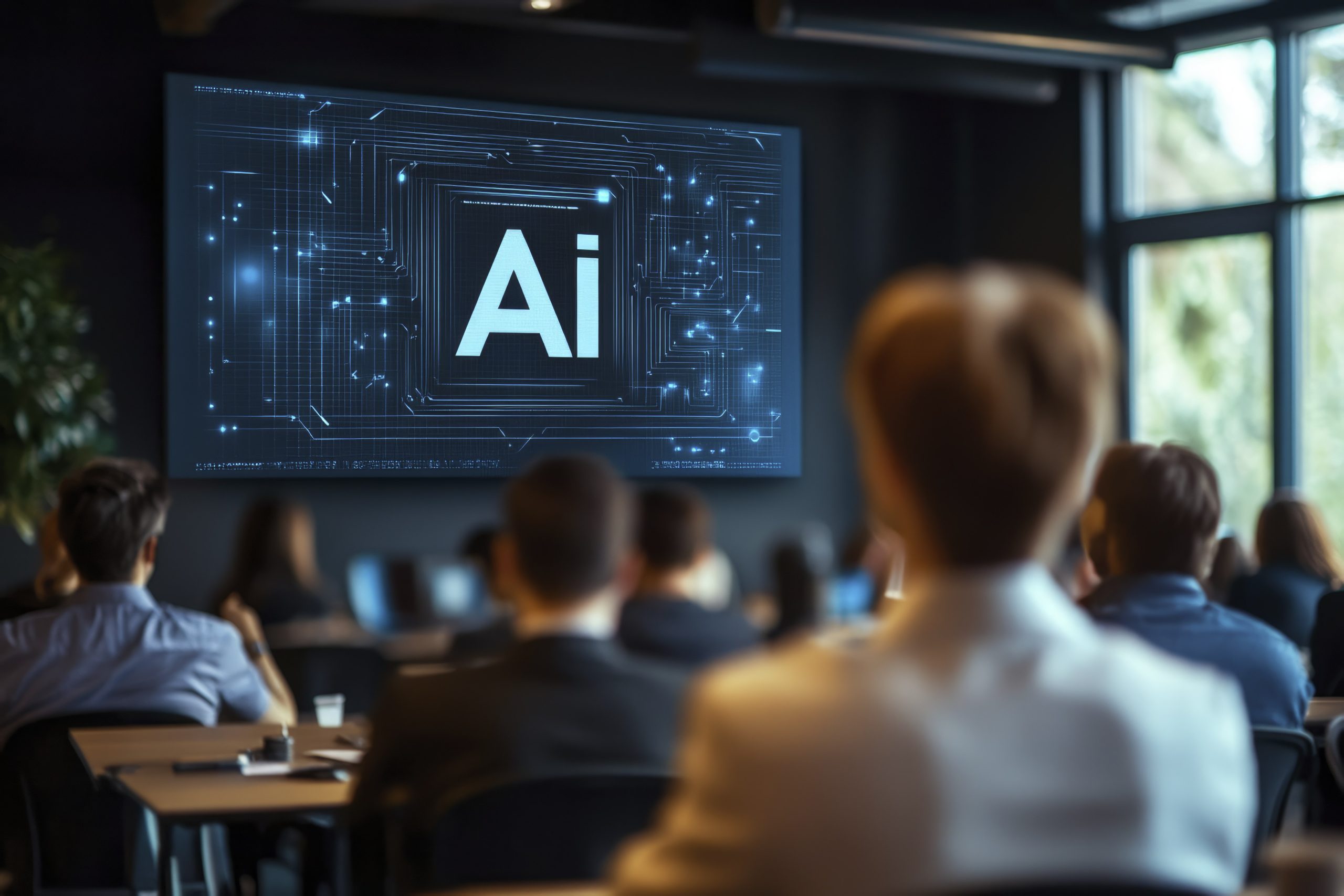 audience watching presentation about ai screen Building Practical AI Capability: Our Training Programmes