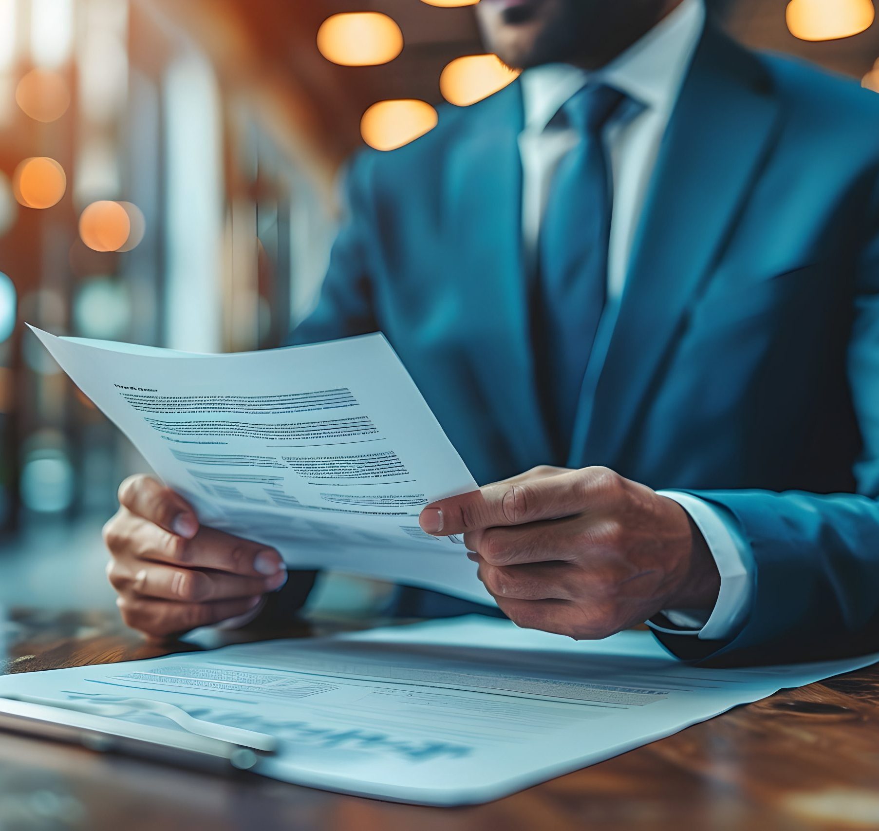 businessman suit reading document office businessman suit reading document office